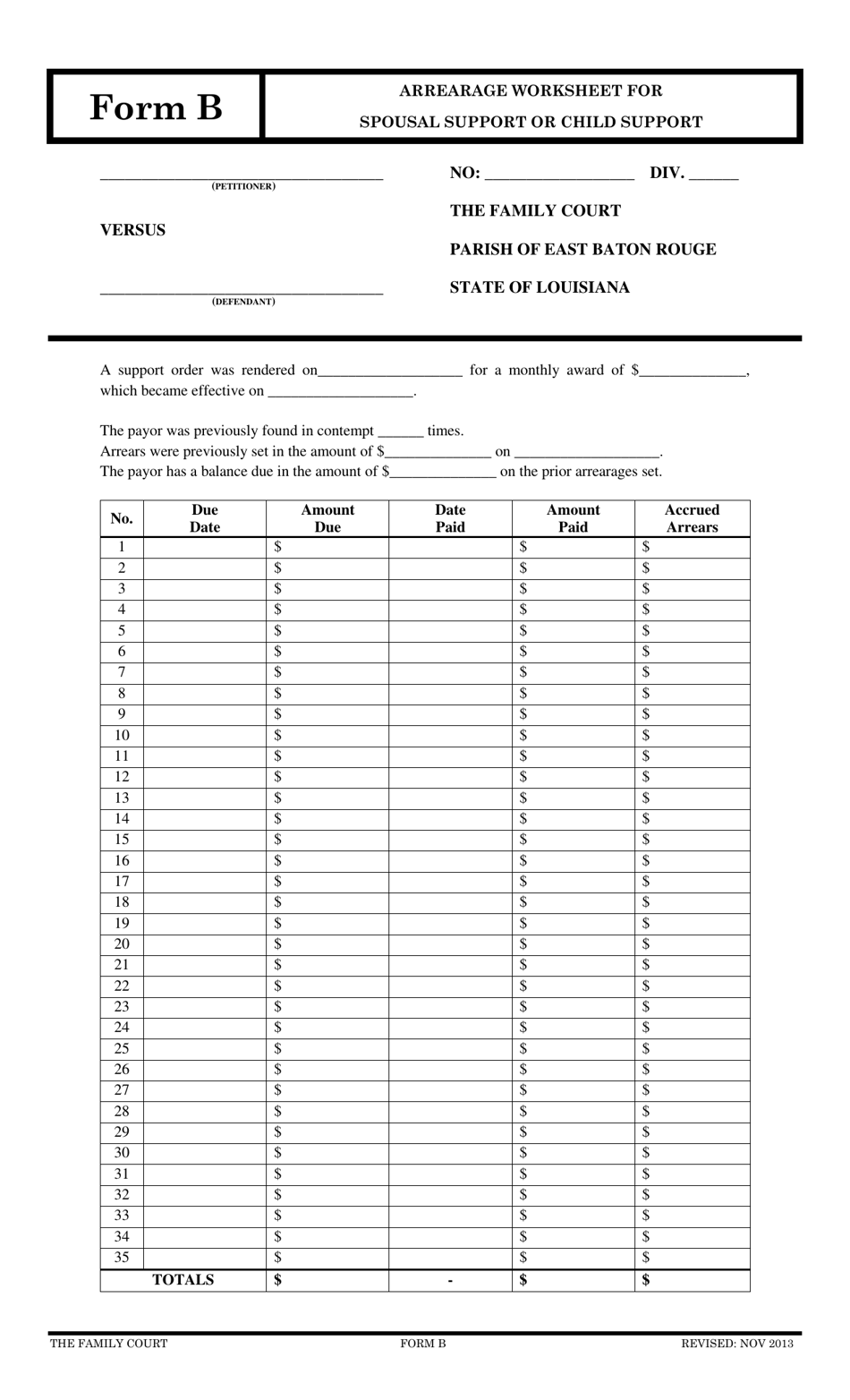 Form B Arrearage Worksheet for Spousal Support or Child Support - Louisiana, Page 1