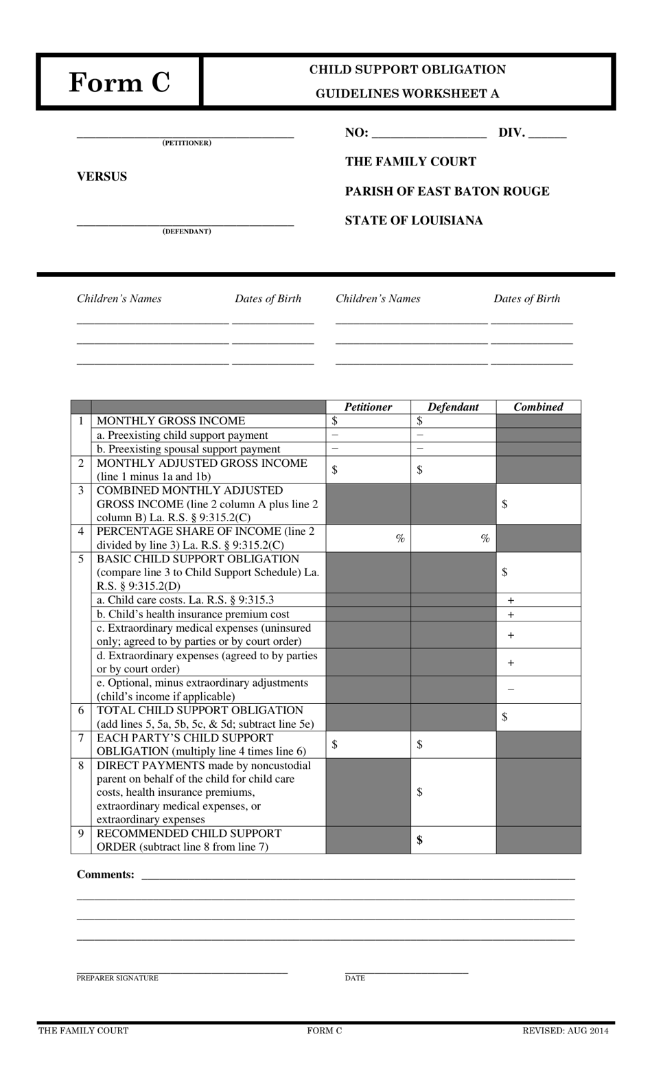 Form C Worksheet A Child Support Obligation Guidelines - East Baton Rouge Parish, Louisiana, Page 1