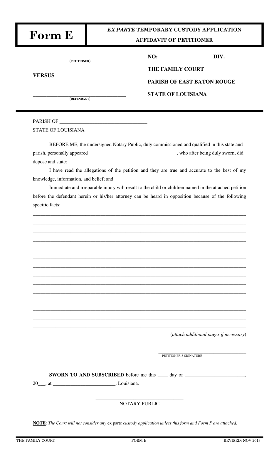 Form E Ex Parte Temporary Custody Application Affidavit of Petitioner - East Baton Rouge Parish, Louisiana, Page 1
