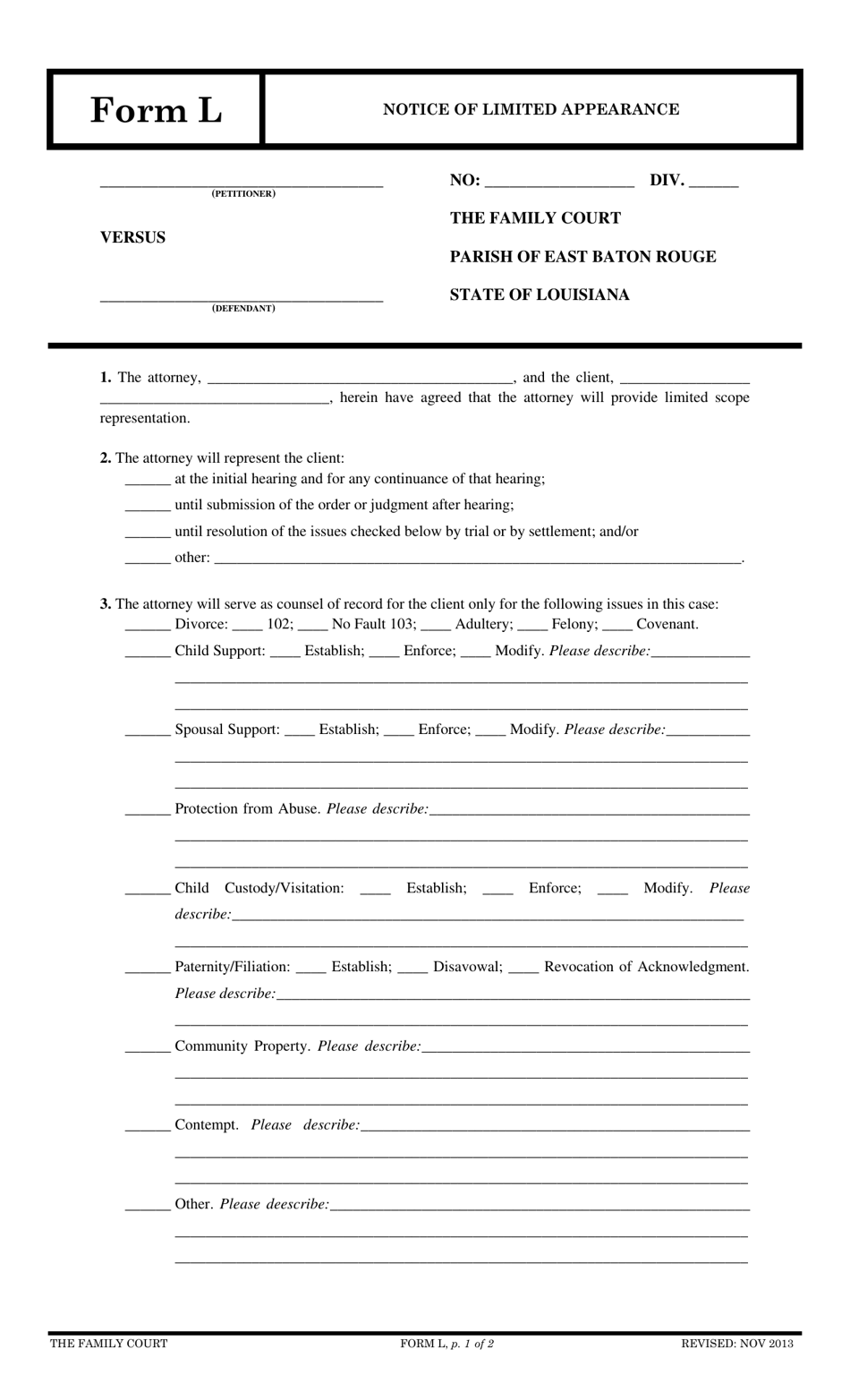 Form L Notice of Limited Appearance - Louisiana, Page 1