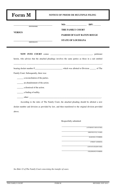 Form M Notice of Prior or Multiple Filing - Louisiana