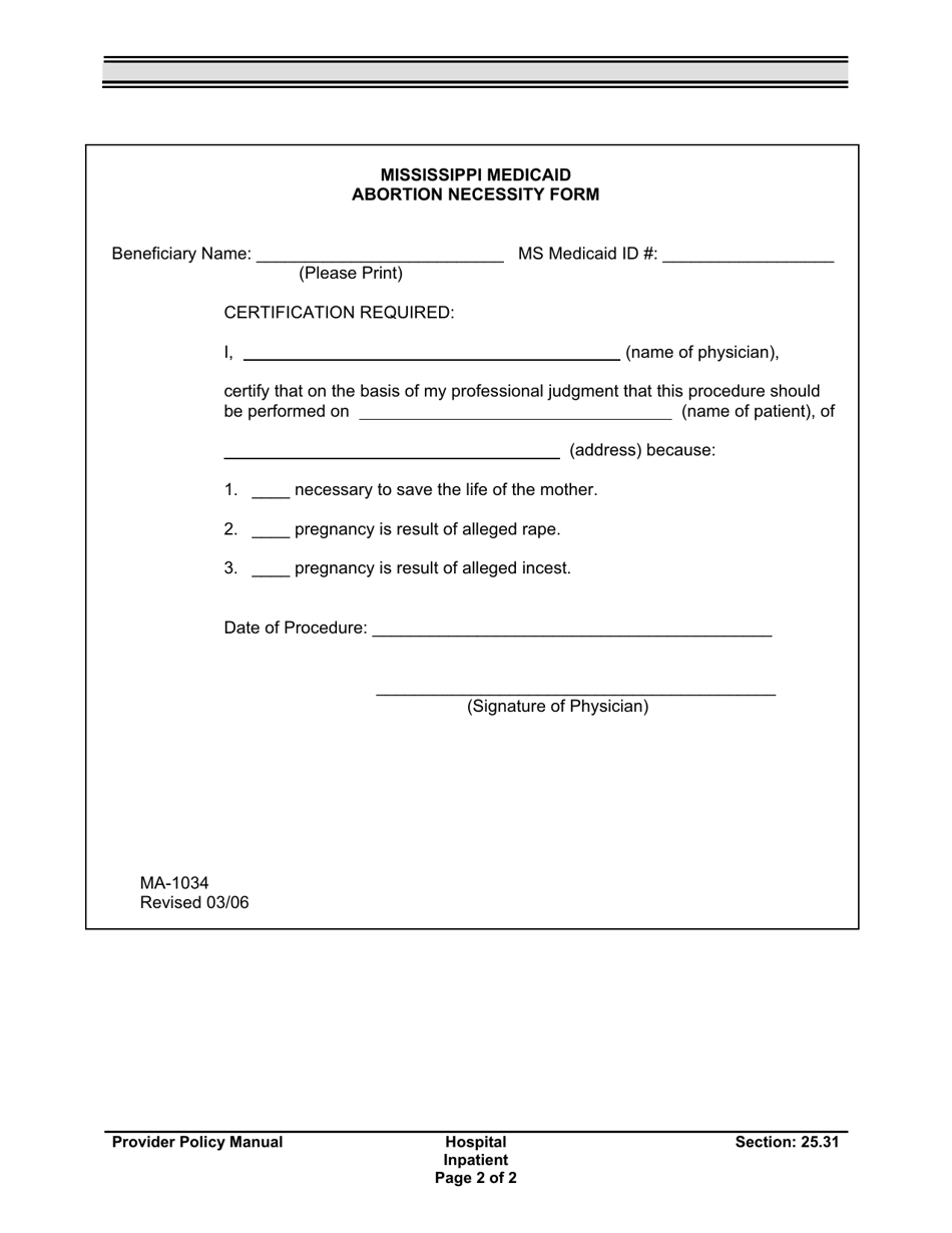 Form MA-1034 Abortion Necessity Form - Mississippi, Page 1
