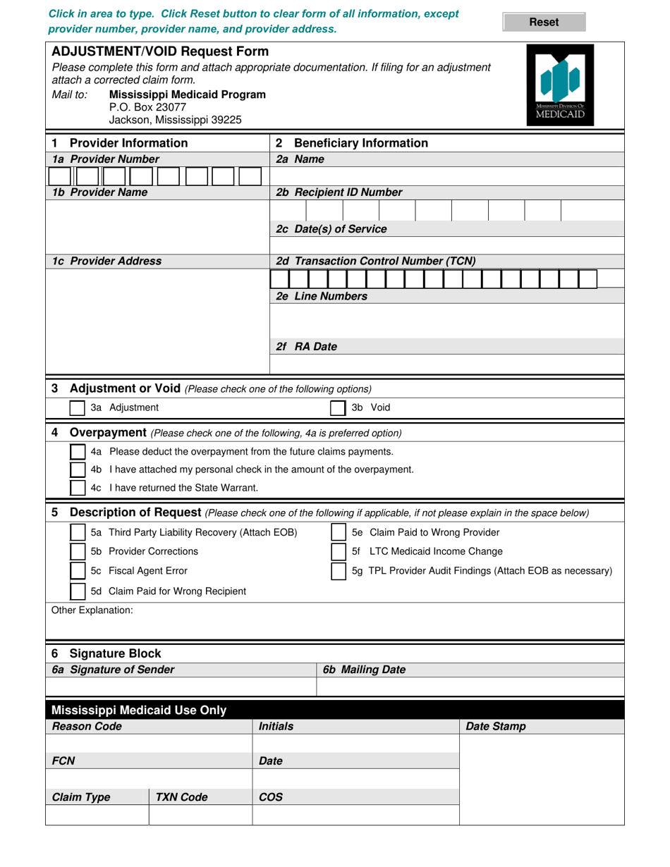 Adjustment / Void Request Form - Mississippi, Page 1