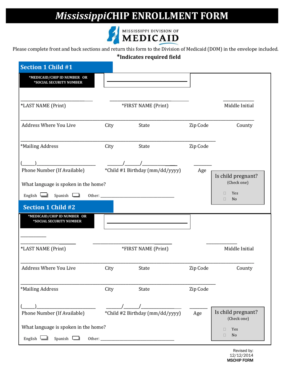 Mississippi Chip Enrollment Form Fill Out, Sign Online and Download