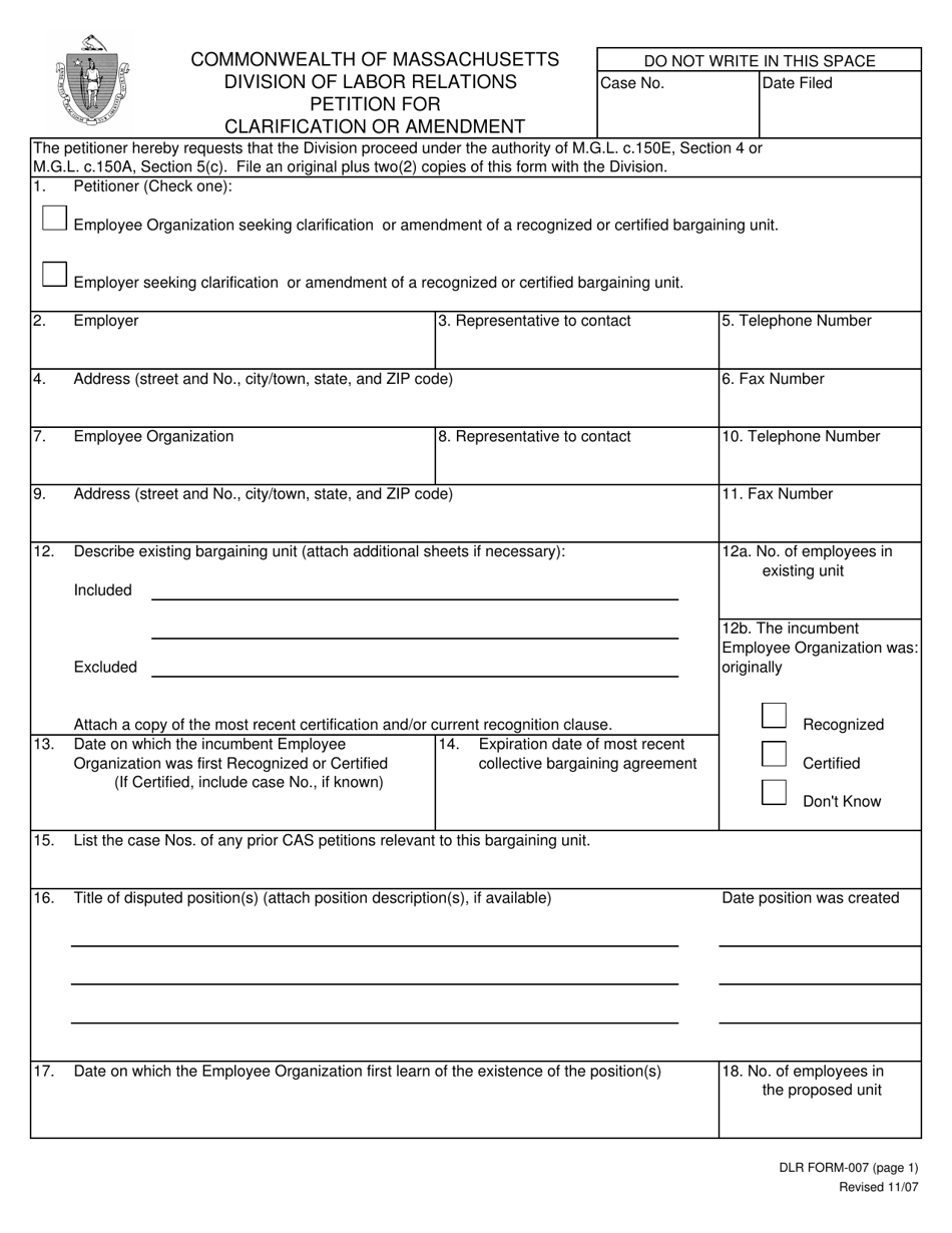 DLR Form 007 Petition for Clarification or Amendment - Massachusetts, Page 1