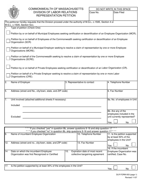 DLR Form 003 Representation Petition - Massachusetts