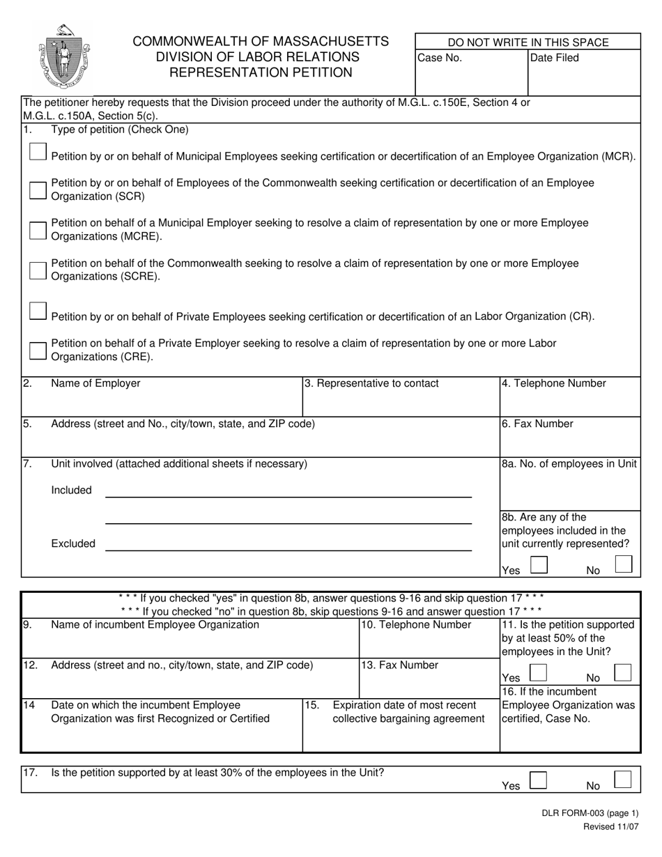 DLR Form 003 Representation Petition - Massachusetts, Page 1