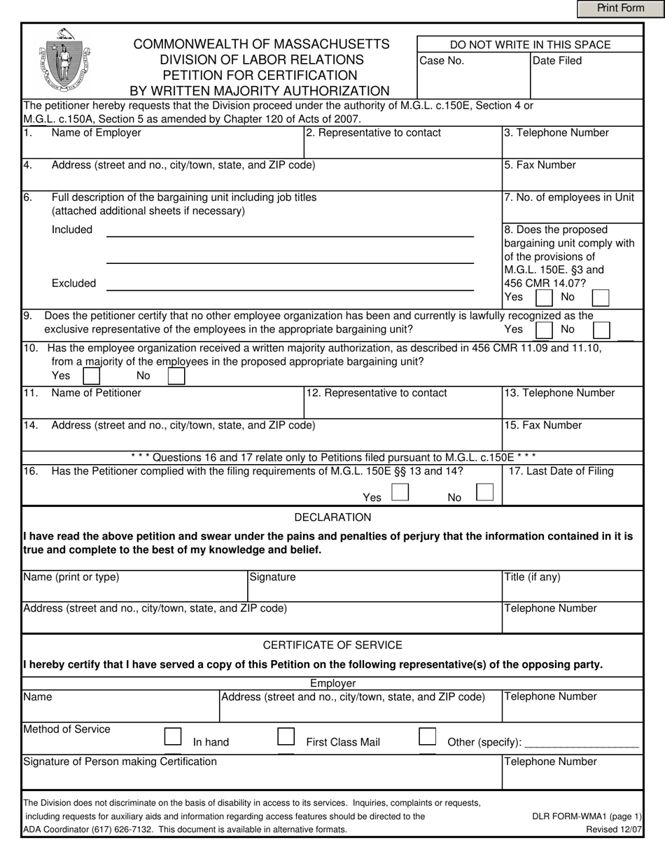 DLR Form WMA1 Petition for Certification by Written Majority Authorization - Massachusetts, Page 1