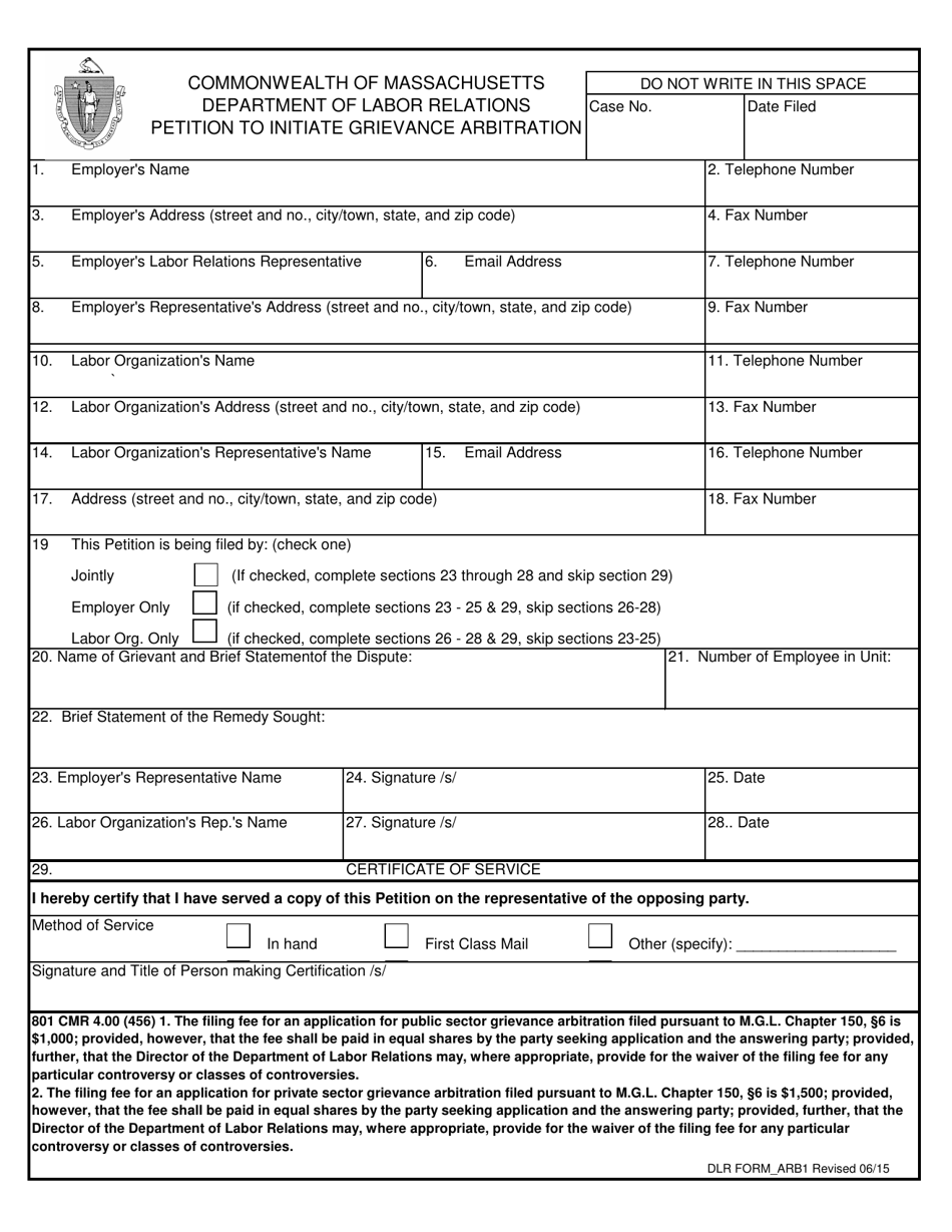 DLR Form ARB1 Petition to Initiate Grievance Arbitration - Massachusetts, Page 1