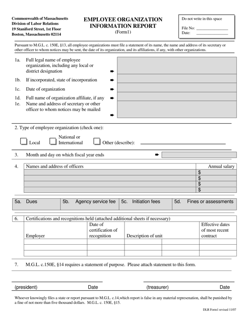 DLR Form 1 Employee Organization Information Report - Massachusetts