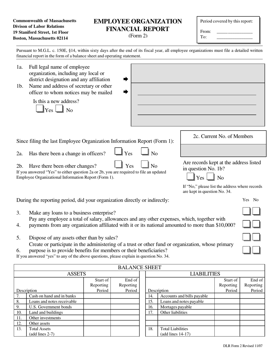 DLR Form 2 Employee Organization Financial Report - Massachusetts, Page 1