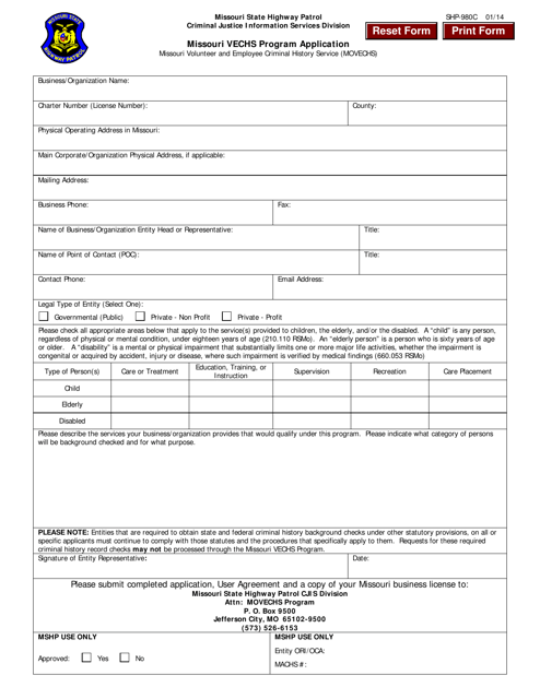 Form SHP-980C Missouri Vechs Program Application - Missouri