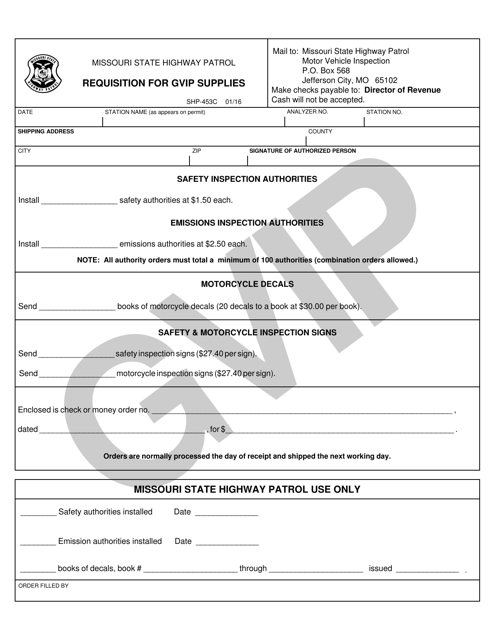 Form SHP-453C Requisition for Gvip Supplies - Missouri