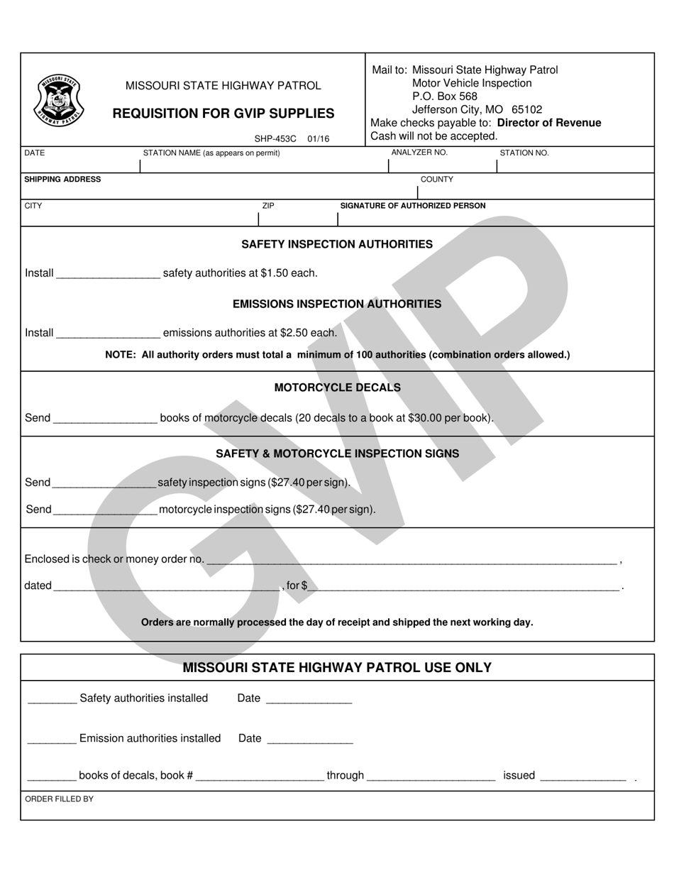 Form SHP-453C Requisition for Gvip Supplies - Missouri, Page 1