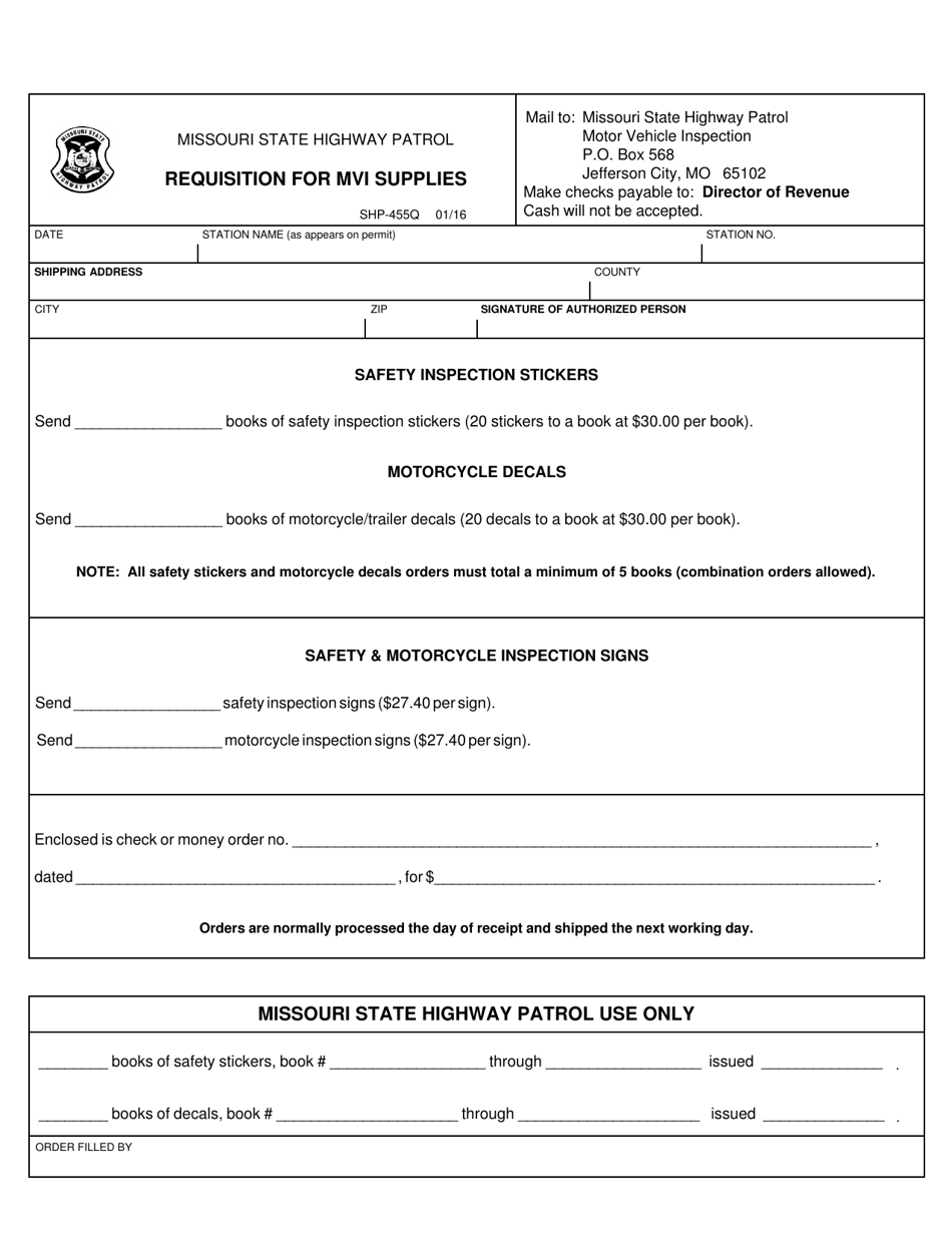 Form SHP-455Q Requisition for Mvi Supplies - Missouri, Page 1