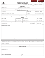 Form SHP-516A &quot;Mvi Complaint Receipt&quot; - Missouri