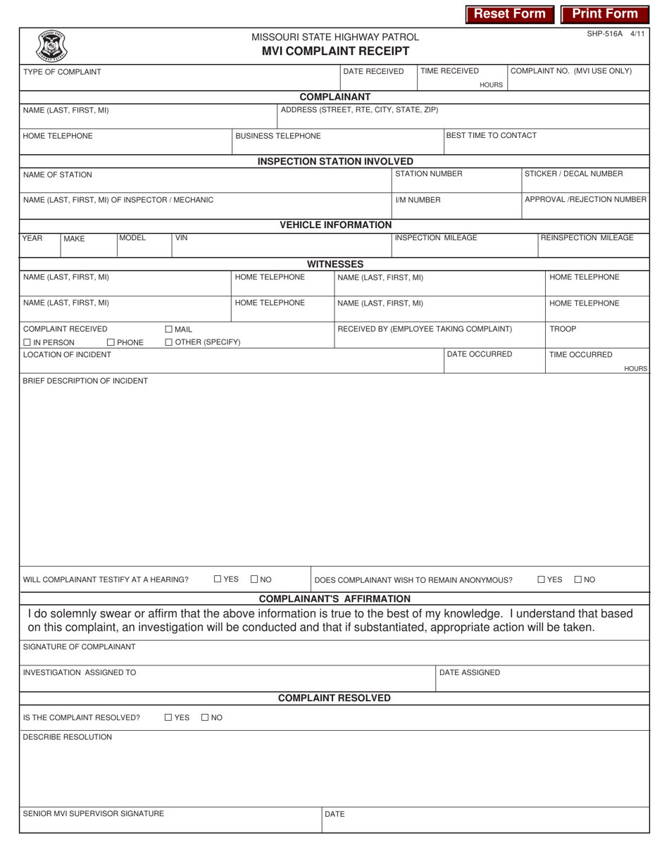 Form SHP-516A Mvi Complaint Receipt - Missouri, Page 1