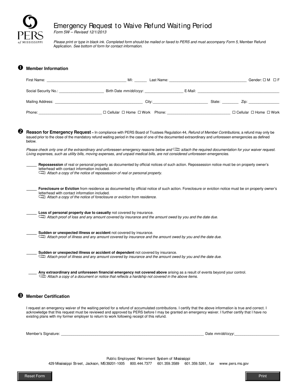 Form 5W Emergency Request to Waive Refund Waiting Period - Mississippi, Page 1