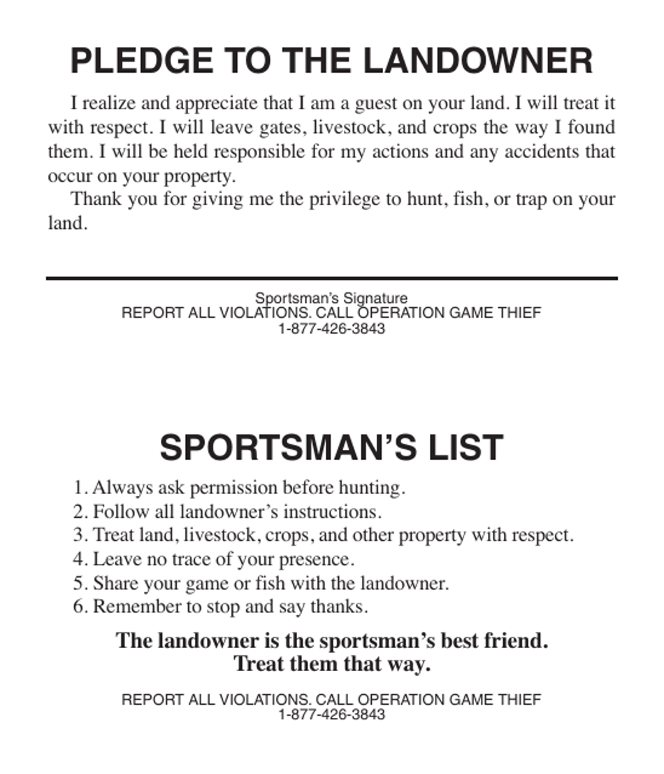 Landowner Permission Card - Kansas, Page 1