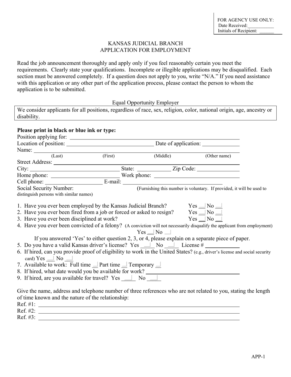 Form APP-1 Application for Employment - Kansas, Page 1