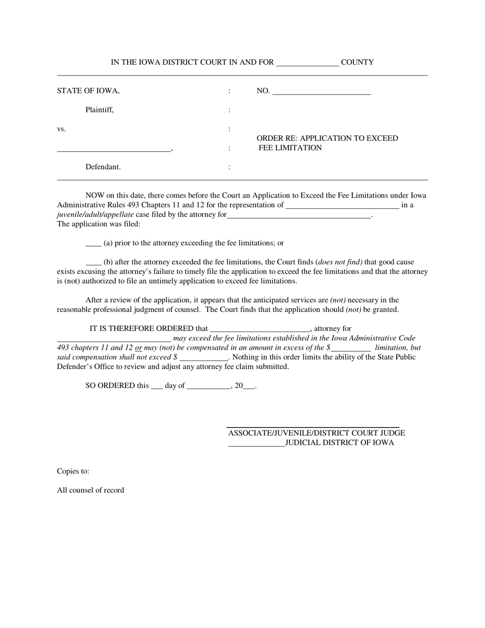 Order Re: Application to Exceed Fee Limitation - Iowa, Page 1
