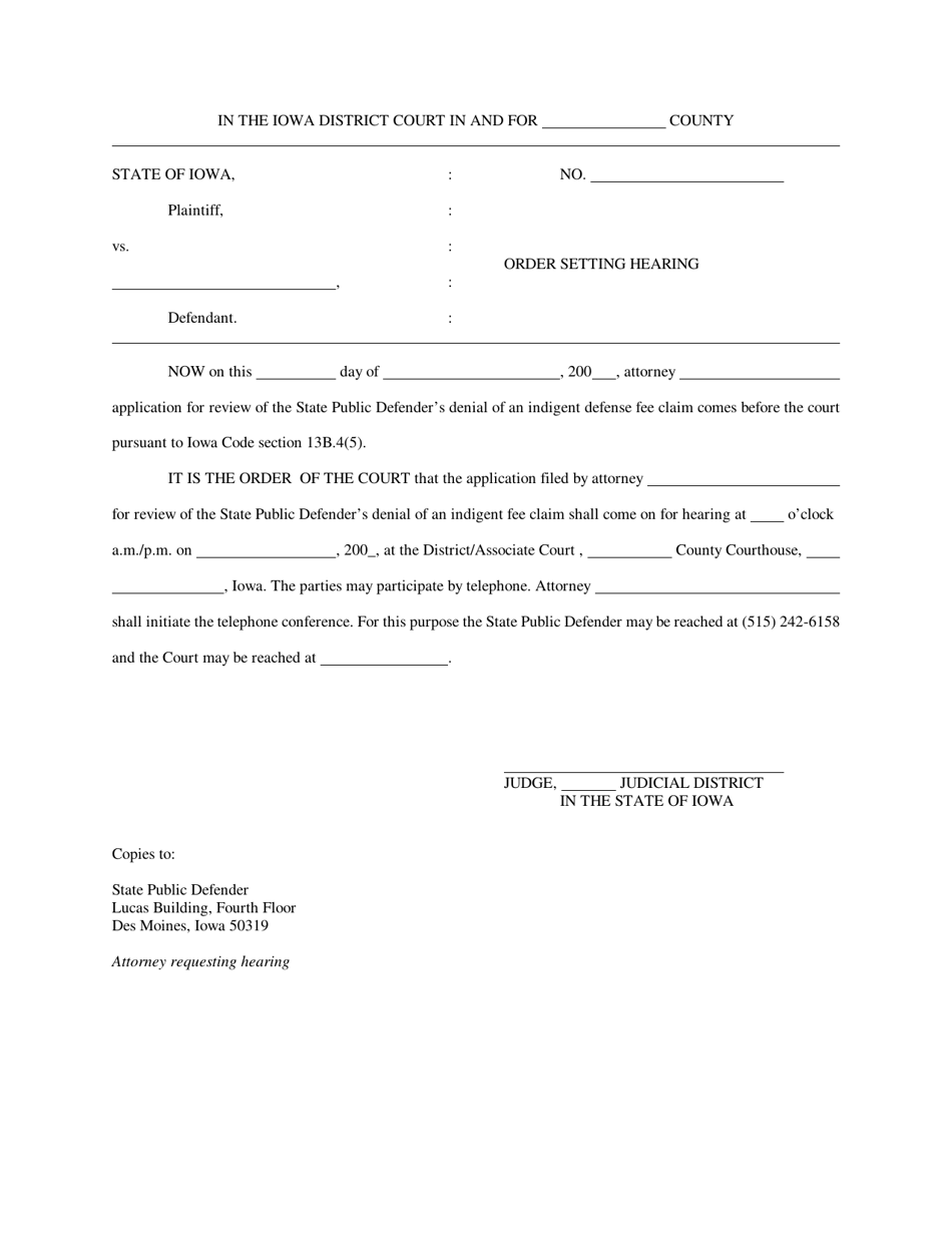 Order Setting Hearing - Iowa, Page 1