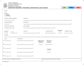 Document preview: Form MO300-0095 Inventory Additions, Transfers, Dispositions, and Changes - Missouri