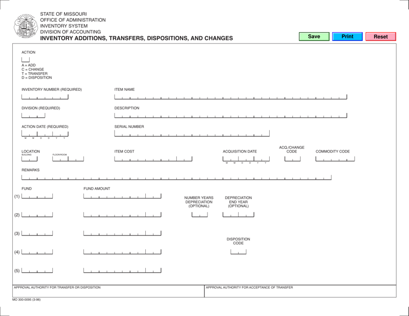 Form MO300-0095 Inventory Additions, Transfers, Dispositions, and Changes - Missouri
