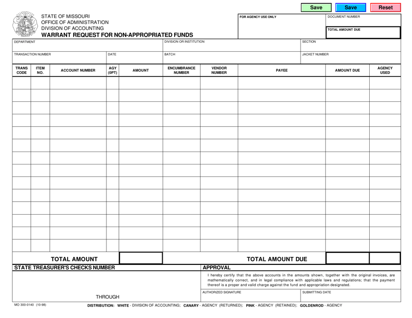 Form MO300-0140 Warrant Request for Non-appropriated Funds - Missouri