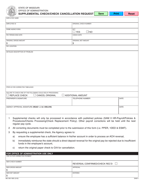 Form MO300-1805 Supplemental Check/Check Cancellation Request - Missouri