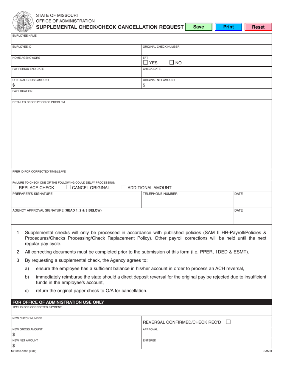 Form MO300-1805 Supplemental Check / Check Cancellation Request - Missouri, Page 1