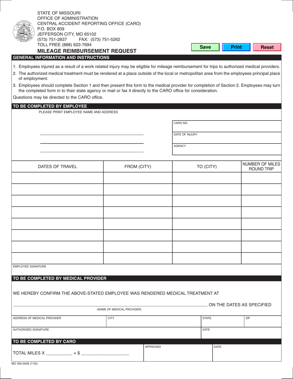 Form MO300-0026 Mileage Reimbursement Request - Missouri, Page 1