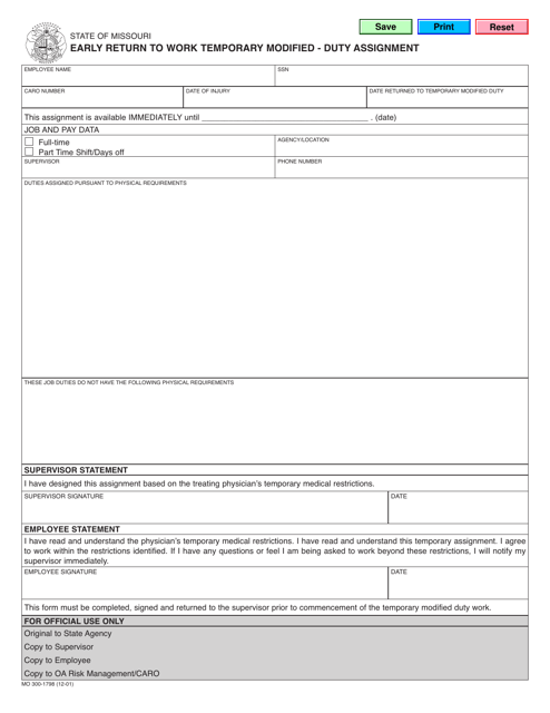 Form MO300-1798 Early Return to Work Temporary Modified - Duty Assignment - Missouri