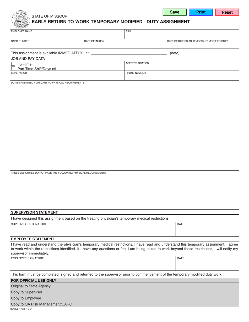 Form MO300-1798 Early Return to Work Temporary Modified - Duty Assignment - Missouri, Page 1