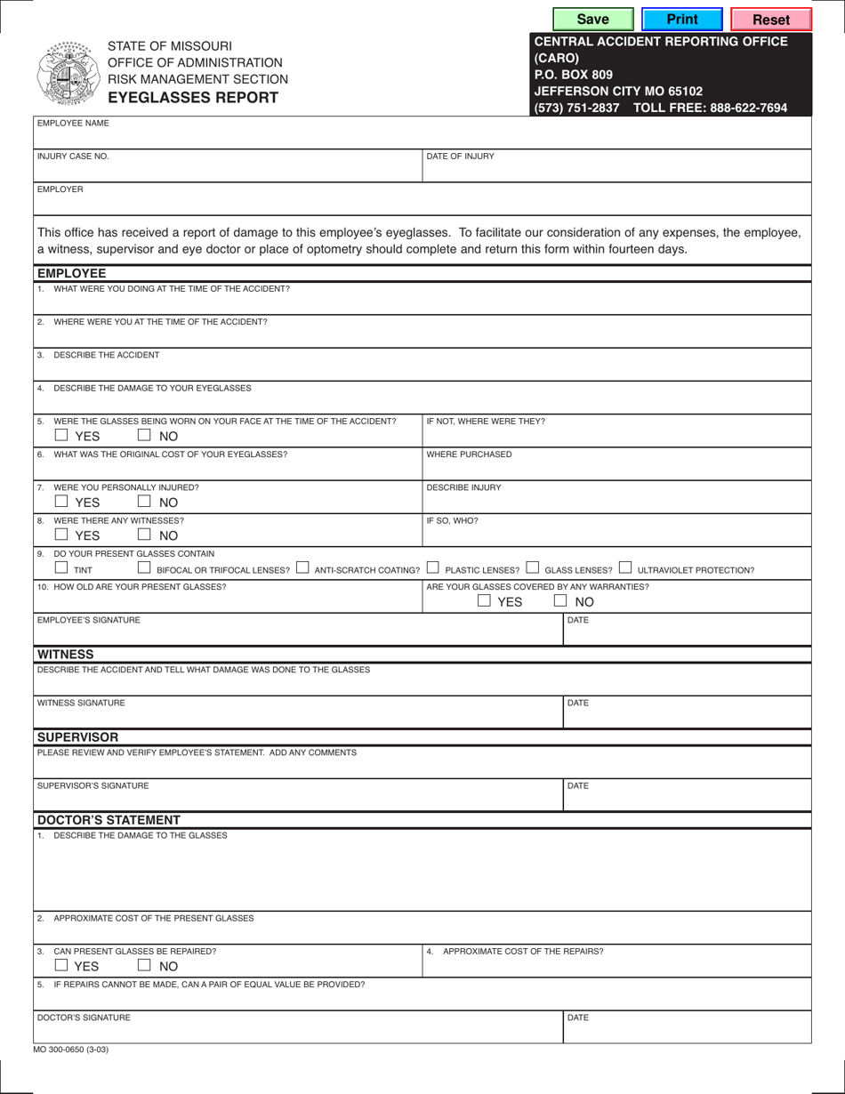Form MO300-0650 Eyeglasses Report - Missouri, Page 1
