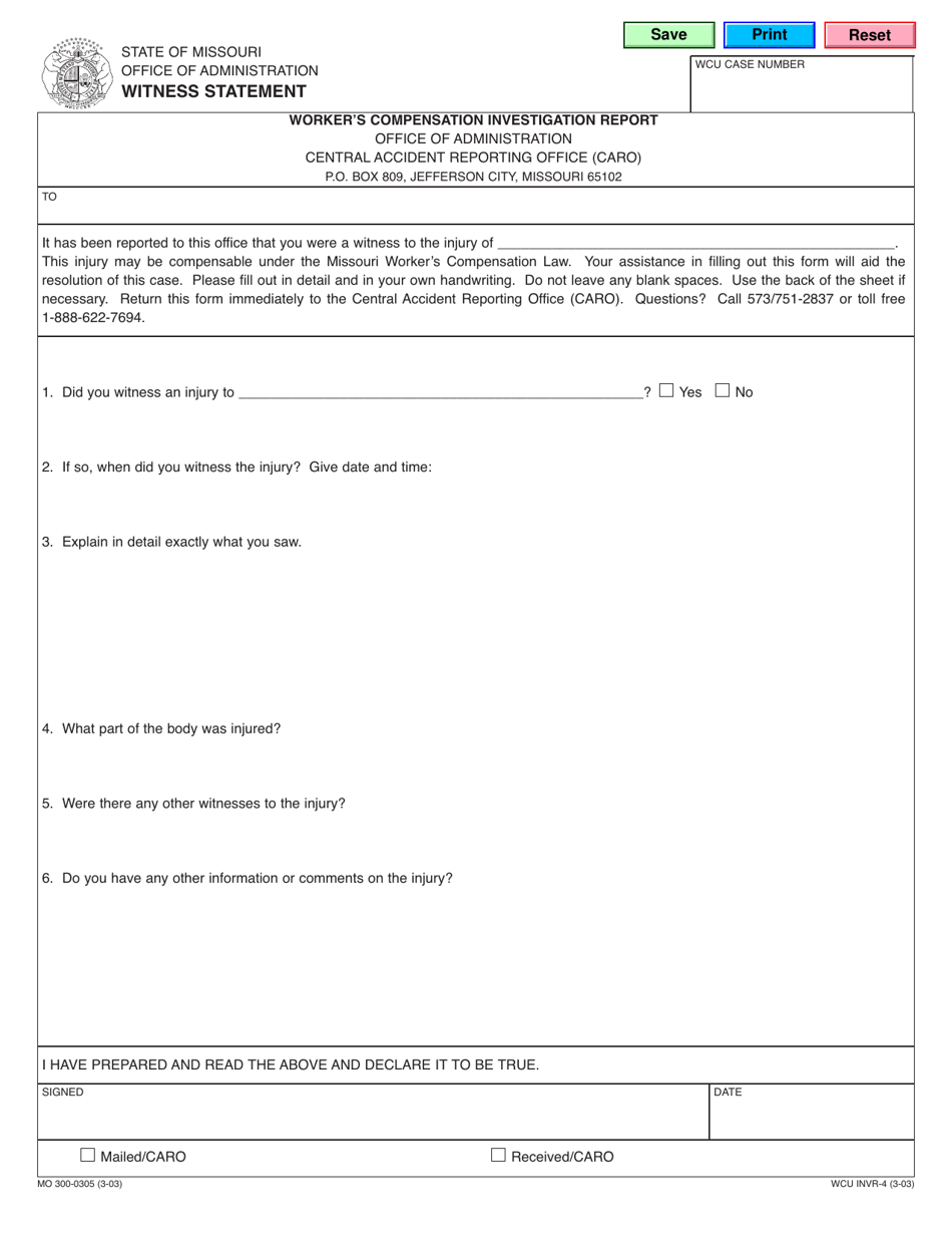 Form MO300-0305 Witness Statement - Missouri, Page 1