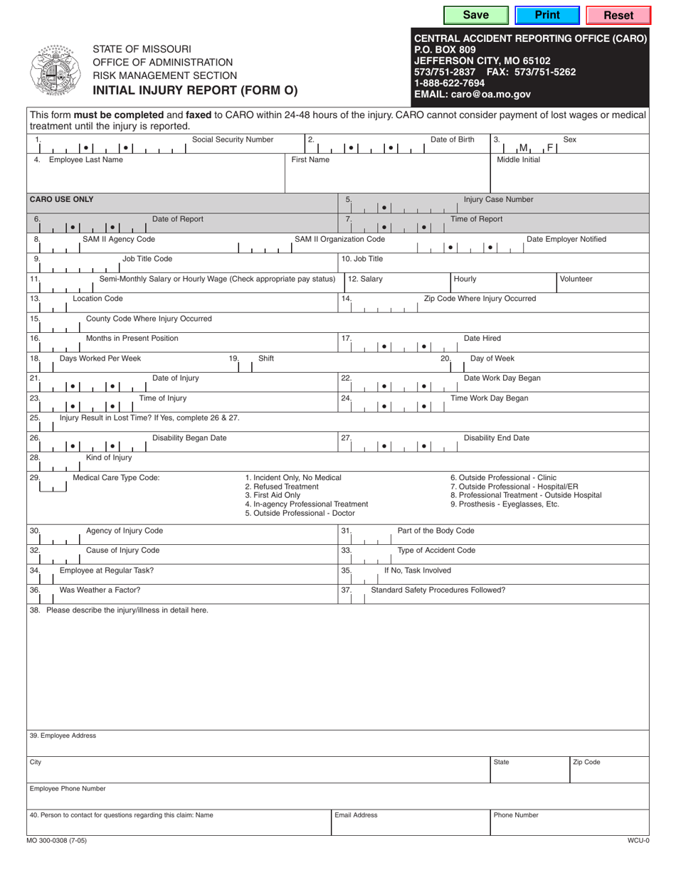 Form O (MO300-0308) Initial Injury Report - Missouri, Page 1
