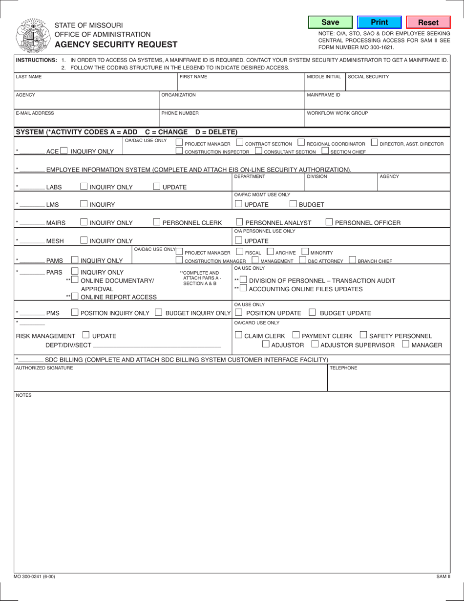 Form MO300-0241 Agency Security Request - Missouri, Page 1