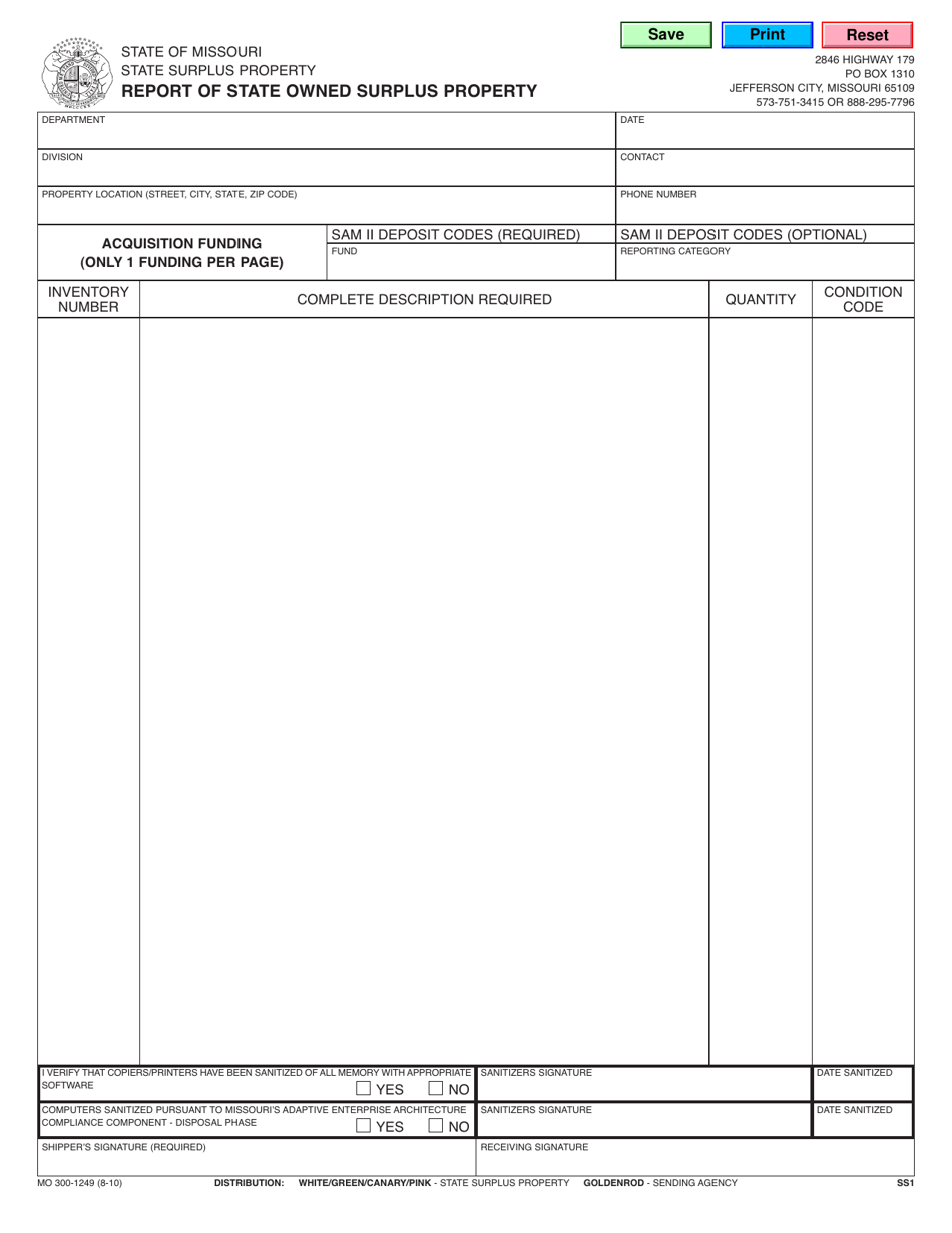 Form MO300-1249 Report of State Owned Surplus Property - Missouri, Page 1