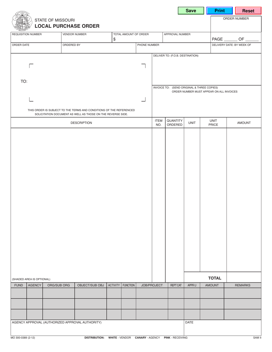 Form MO300-0389 Local Purchase Order - Missouri, Page 1