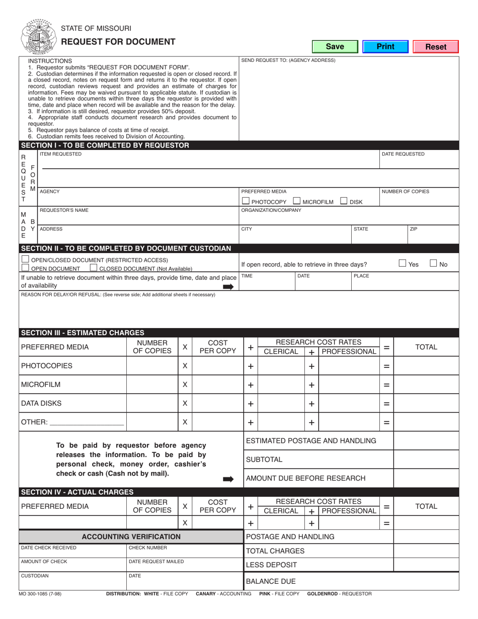 Form MO300-1085 Request for Document - Missouri, Page 1