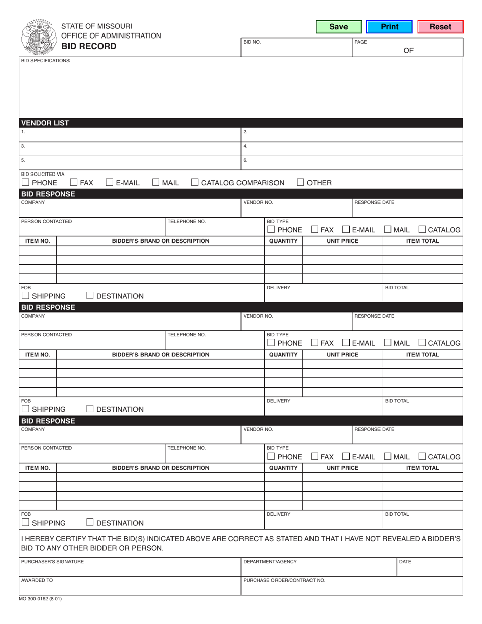 Form MO300-0162 Bid Record - Missouri, Page 1