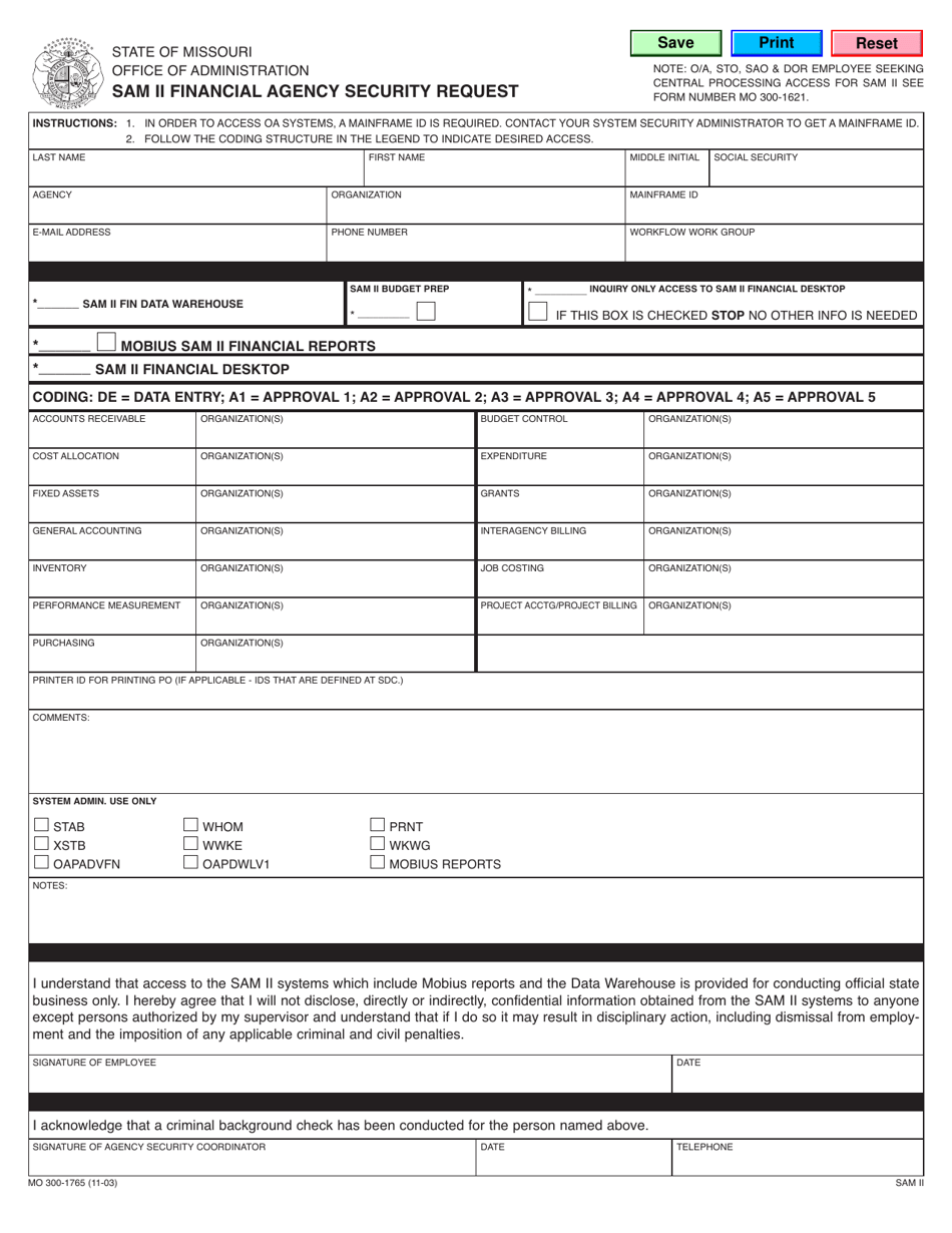 Form MO300-1765 Sam II Financial Agency Security Request - Missouri, Page 1
