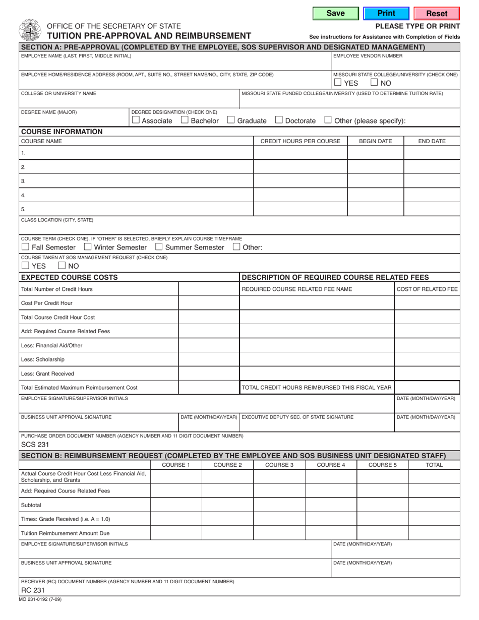 Form MO231-0192 Tuition Pre-approval and Reimbursement - Missouri, Page 1