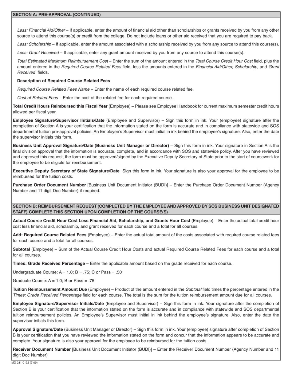 Form MO231-0192 Tuition Pre-approval and Reimbursement - Missouri, Page 3