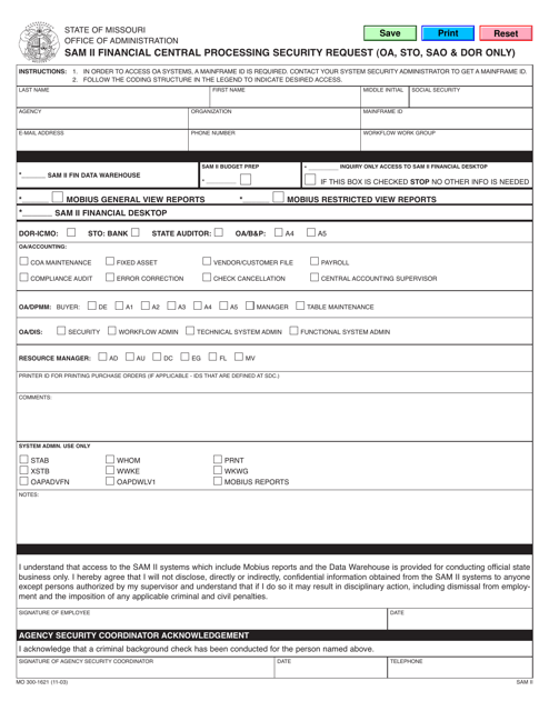Form MO300-1621 Sam II Financial Central Processing Security Request (OA, Sto, Sao & DOR Only) - Missouri