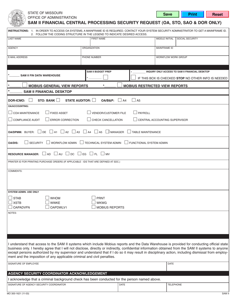 Form MO300-1621 Sam II Financial Central Processing Security Request (OA, Sto, Sao  DOR Only) - Missouri, Page 1