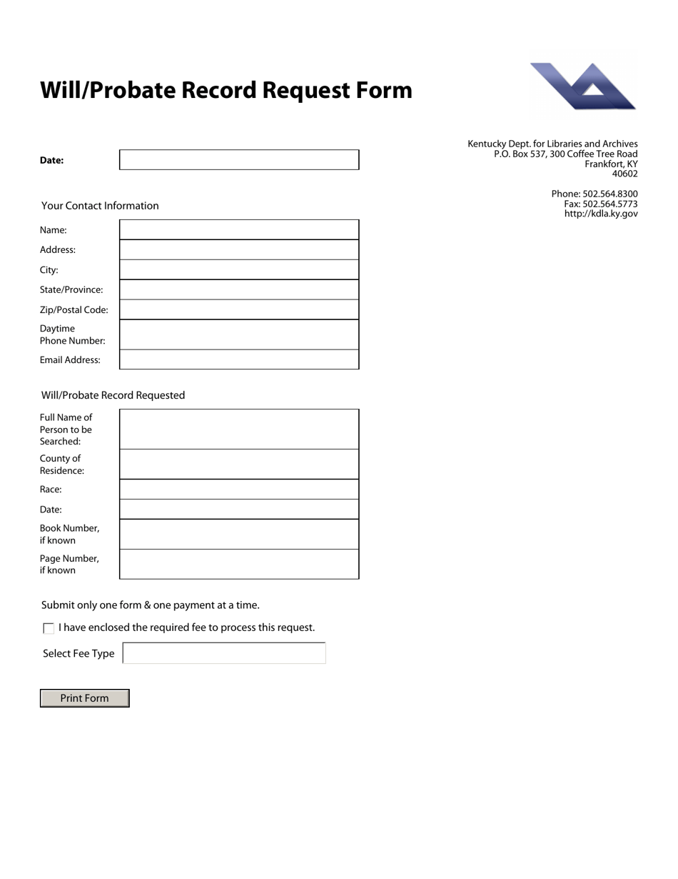 Will / Probate Record Request Form - Kentucky, Page 1