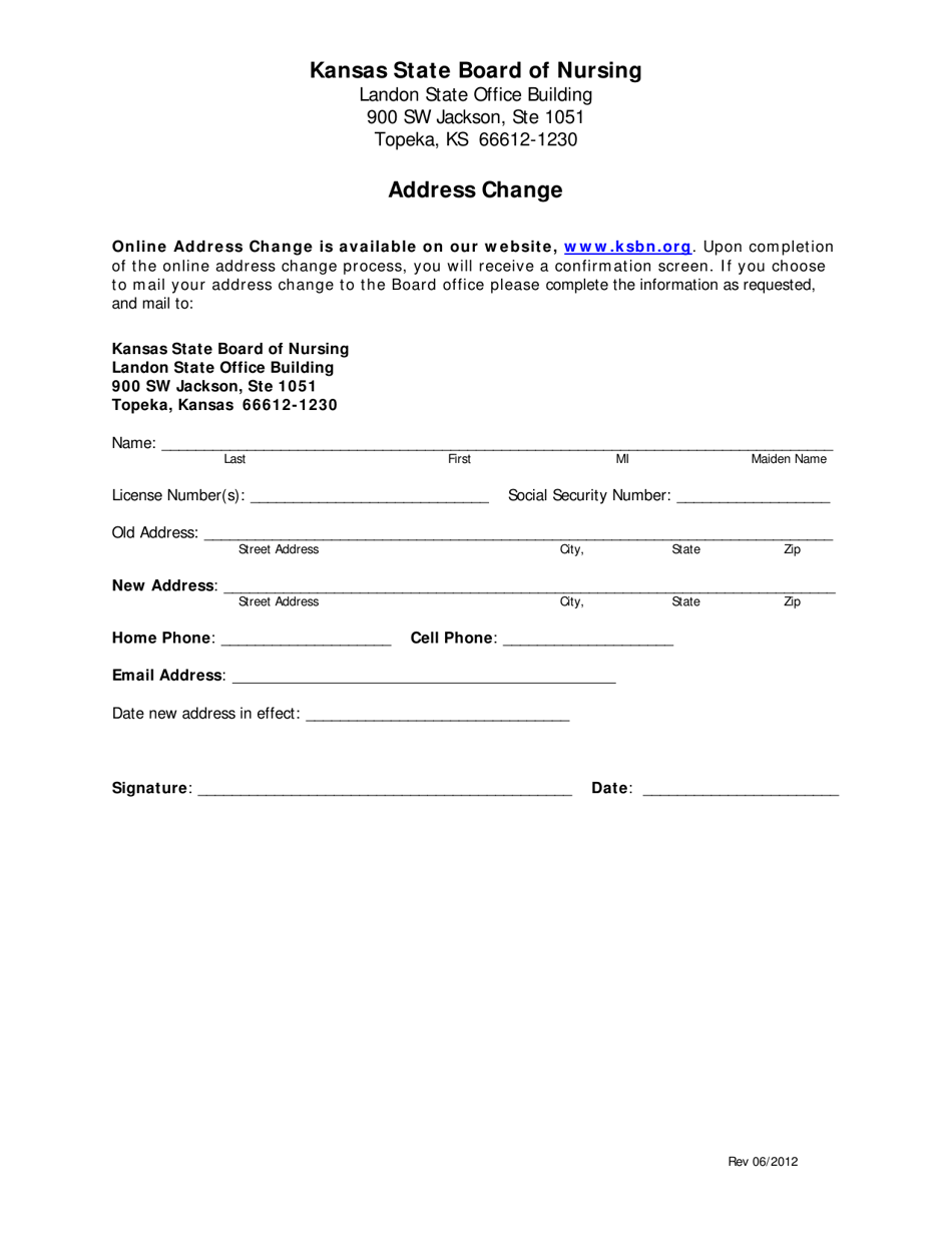 Kansas Address Change Fill Out, Sign Online and Download PDF