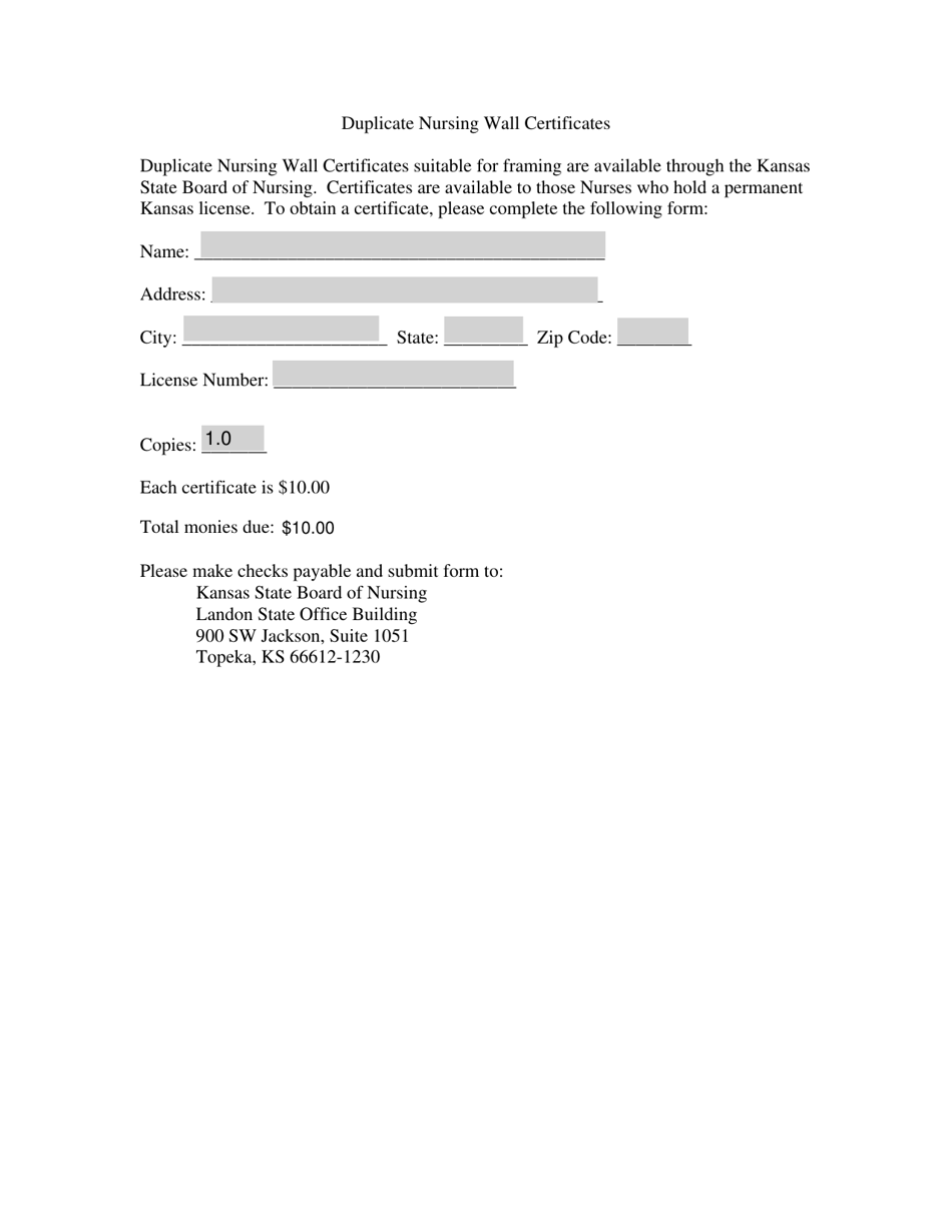 Duplicate Nursing Wall Certificate Order Form - Kansas, Page 1